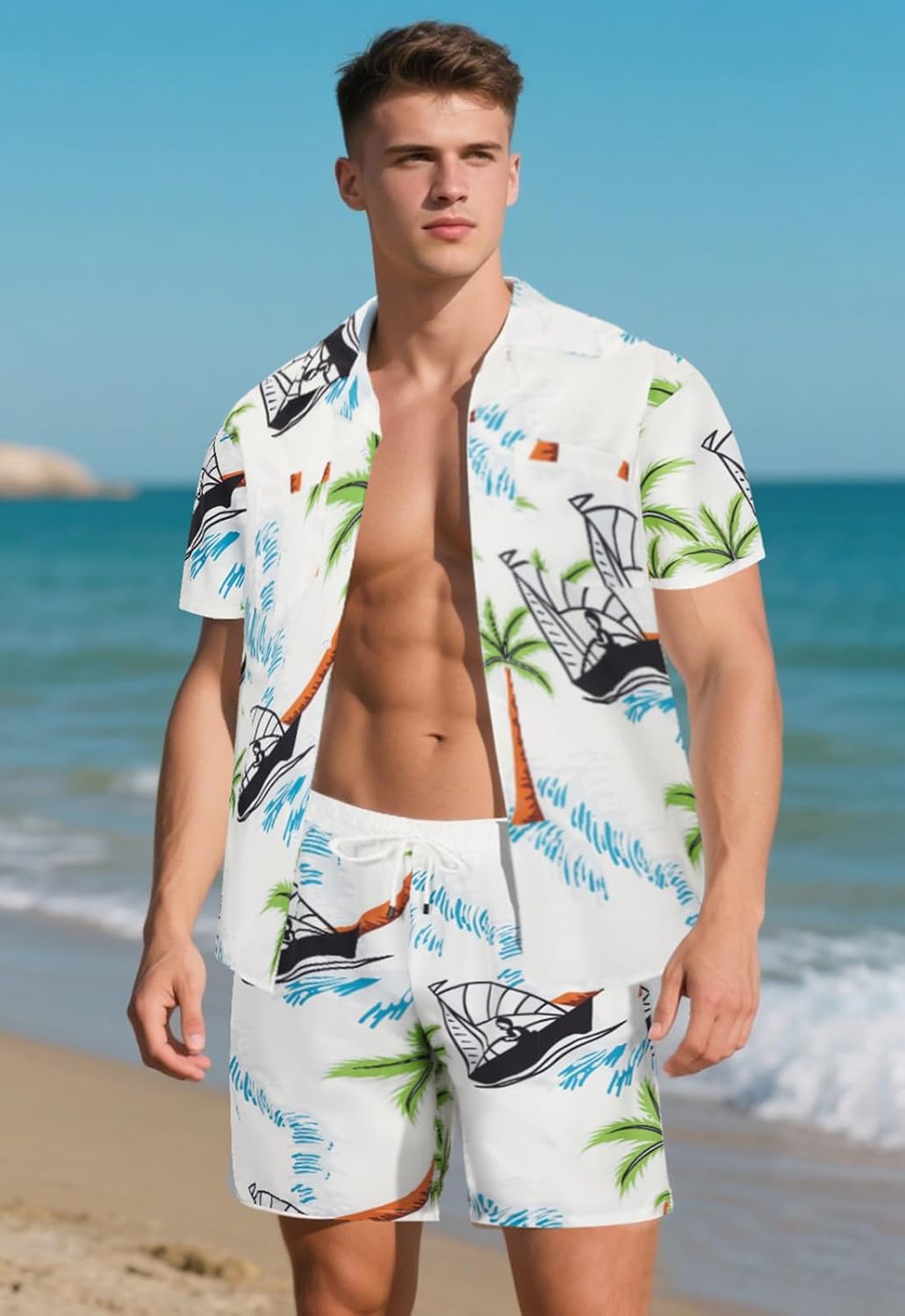 Men 2 Piece Tracksuit Hawaiian Beach Outfits Button Down Shirt and Shorts Sets - Image 2