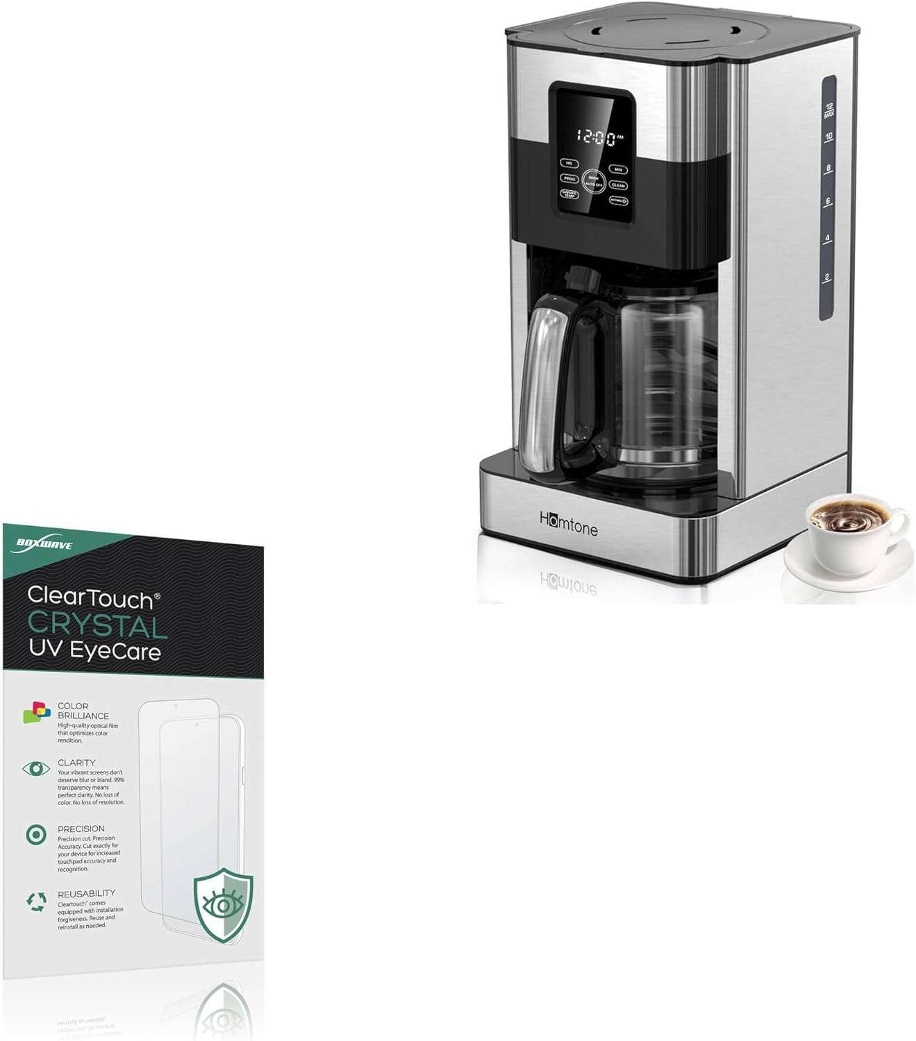 BoxWave ClearTouch Crystal Anti-UV EyeCare Screen Protector packaging next to a Homtone Coffee Maker.