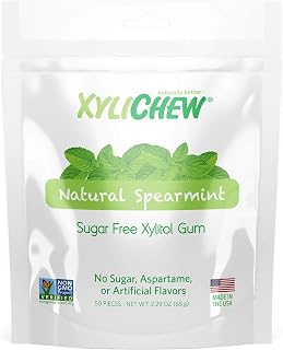 100% Xylitol Chewing Gum - Non GMO, Non Aspartame, Gluten Free, and Sugar Free Gum - Natural Oral Care, Relieves Bad Breath and Dry Mouth - Spearmint, 50 Count
