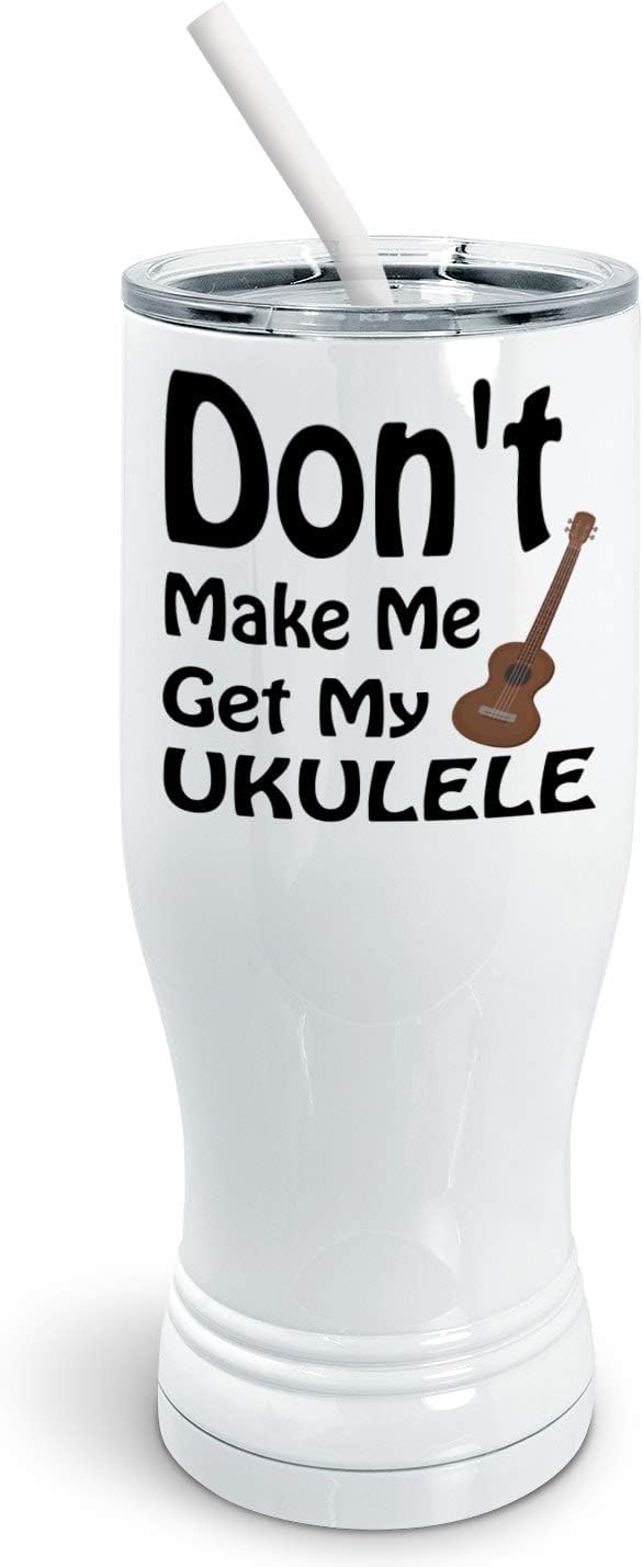 PixiDoodle Music Lover's Musician Ukulele Tumbler with Spill-Resistant Slider Lid and Silicone Straw (20 oz Tall Tumbler, Silver)