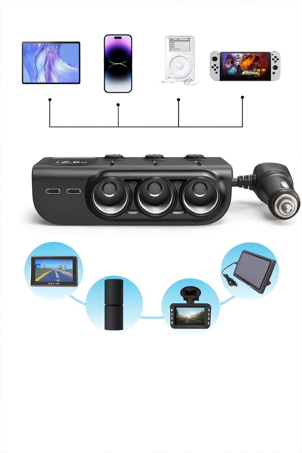 THAR Caricatore per auto 120 W, voltmetro e USB-C