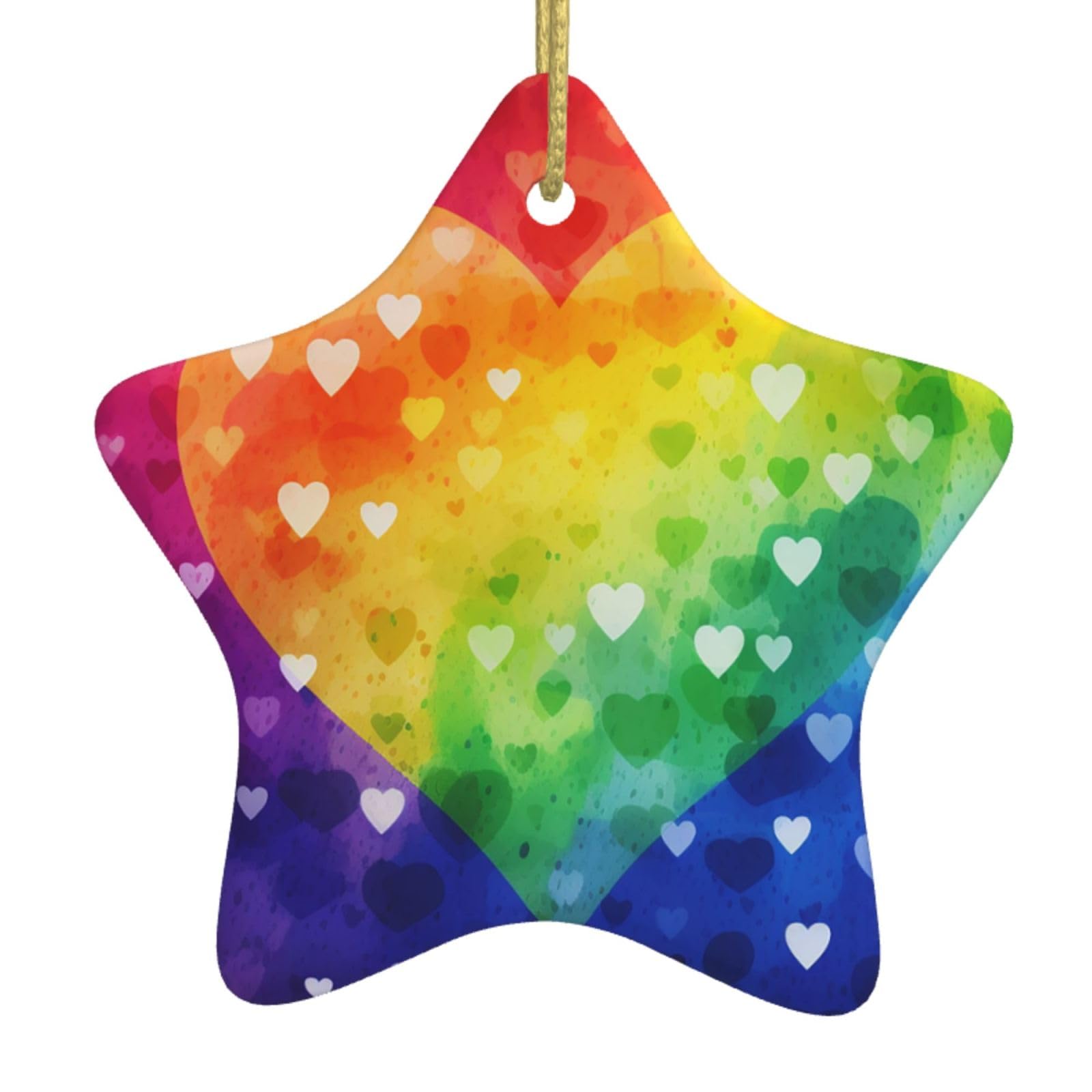 Ceramic Christmas Tree Hanging Ornaments with Gold Ropes Christmas Tree Decorations Star Ceramic Colorful Rainbow Love Heart Pendant Keepsake Decorations for Holiday Xmas Gift Ideas