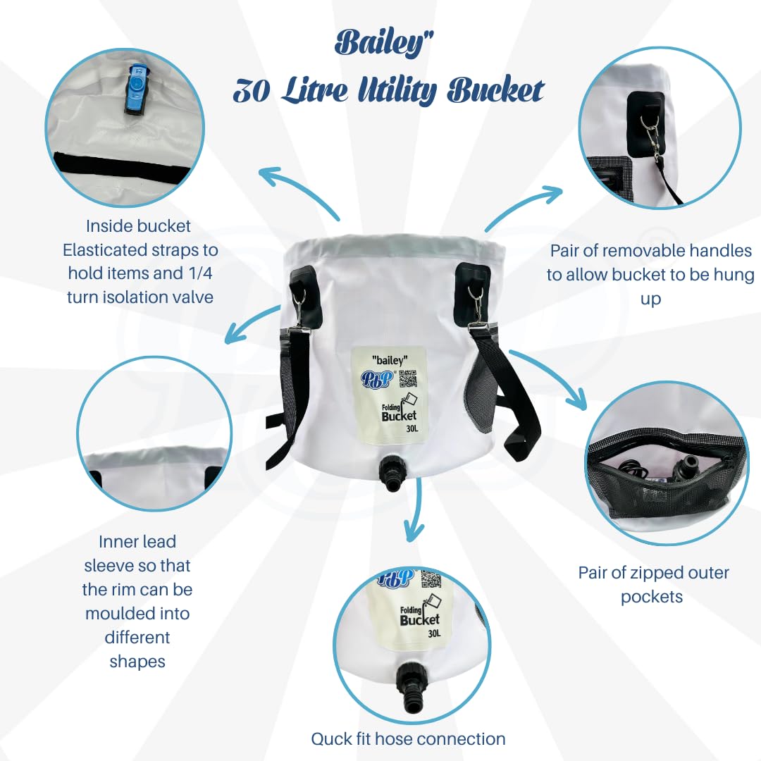 PBP Bailey Seau utilitaire pliable pratique, capacité de 30 l, avec raccord rapide de tuyau (blanc)