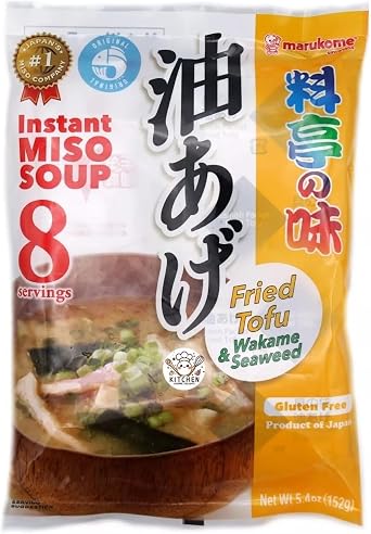 Marukome Instant Ryoutei-No-Aji Miso Soup Original 152g 8 servings with Chunks, Made in Japan, Gluten-Free, No MSG Pack 1, Aburaage Fried Tofu & Wakame seaweed