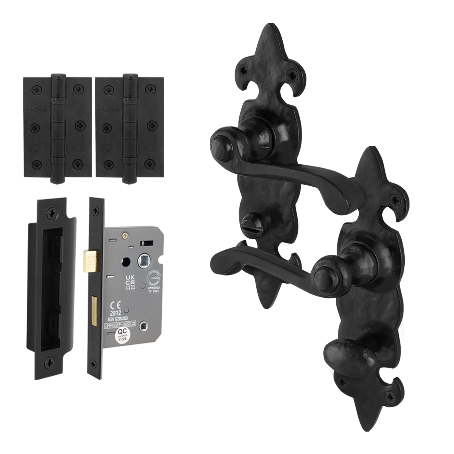 EAI Fleur De LYS Black Antique Door Handles Bathroom Kit, 1 Pair of Rustic Cast Iron Internal Handles, Lock 80mm and Hinges