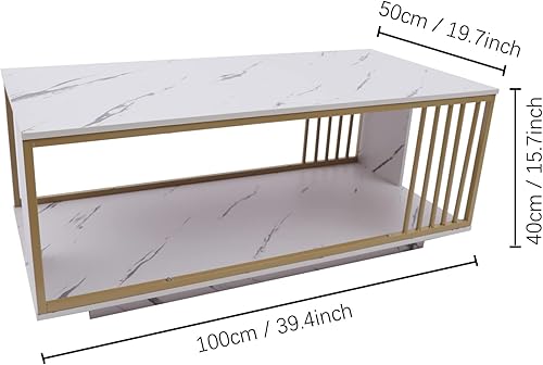 Miniatura 3 de Mesa de centro de mármol, mesa de centro moderna de mármol sintético de 2 niveles, mesa auxiliar rectangular con marco de metal dorado, mesa de café
