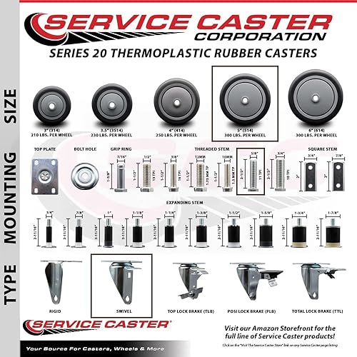 Miniatura 3 de Juego de ruedas giratorias de goma termoplástica con vástago roscado giratorio de 4-5 x 125 pulgadas y tallos de 58 pulgadas incluye 2 con freno de