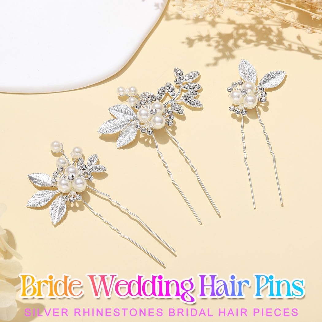 Heread Pearl Bride Wedding Hair Pins Silver Leaf Bridal Hair Pieces Rhinestones Hair Accessories for Women and Girls (Pack of 3) - Image 2