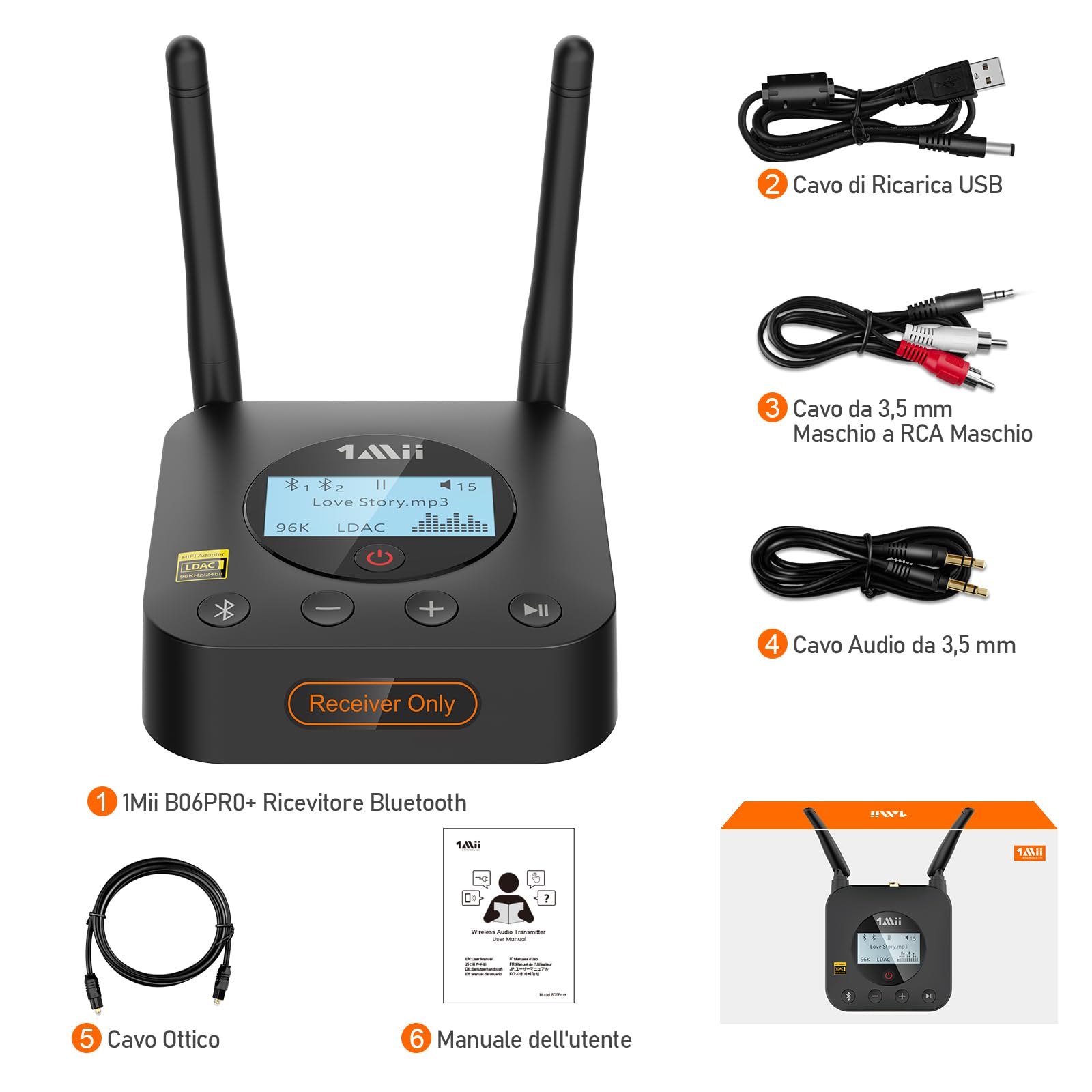 1Mii B06Pro+ Ricevitore Bluetooth HiFi, Adattatore Audio Wireless Bluetooth 5.1 Hi-Res LDAC per Stereo, Aptx HD& Bassa Latenza, con Uscita Ottica/AUX, Controllo del Volume, Display LCD, Lungo Raggio
