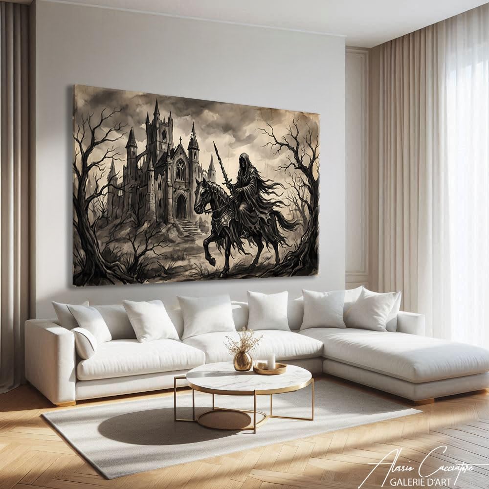 Alessio Cacciatore Quadro Cavaliere - Poster decorativo murale gotico - Stampa su tela in bianco e nero - Quadro cattedrale - Decorazione murale medievale - Deco Gaming Mural (40 x 30 cm)