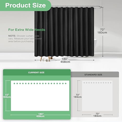 Vista 107 de Dynamene Cortina de ducha larga de tela negra – Cortinas de ducha de tela alta y resistente con textura de gofre, juego de cortina de baño de lujo