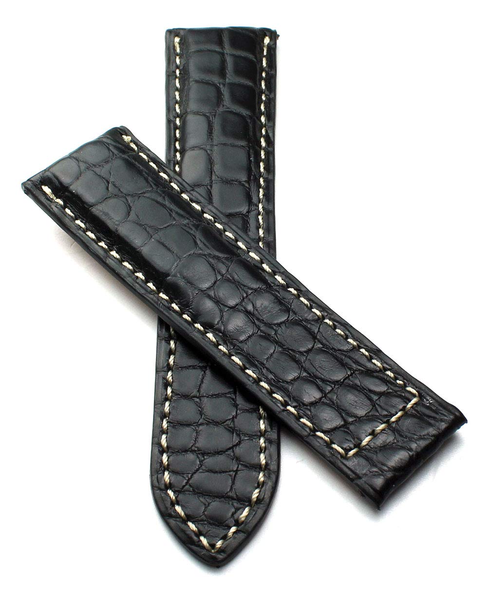 Sulla Alligator pasek do zegarka wykonany ręcznie w Niemczech, kompatybilny z szerokimi zapięciami składanymi, biały szew 20 mm czarny