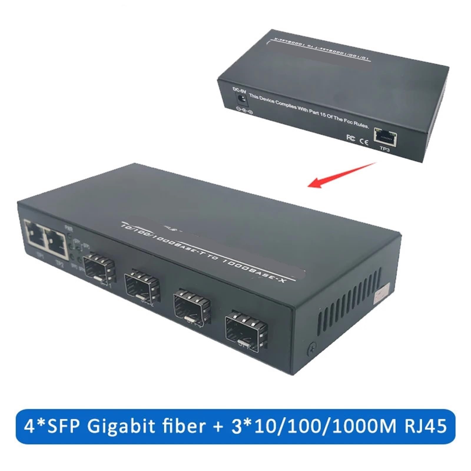 Commutateur Gigabit Ethernet, convertisseur de média Fibre Optique 4sfp 3RJ45 10/100/1000M UTP, Port Fibre Optique 4F3E(5KM SC EU Power)
