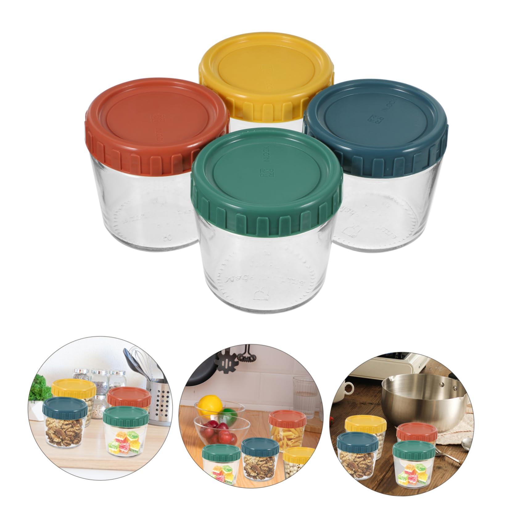 Mobestech Set de 4 Frascos de Vidrio Tapa de Silicona Sellada, Contenedores para Almacenar Alimentos Pequeños, Diseño Apilable y Fácil Acceso para Cocina y Yogur