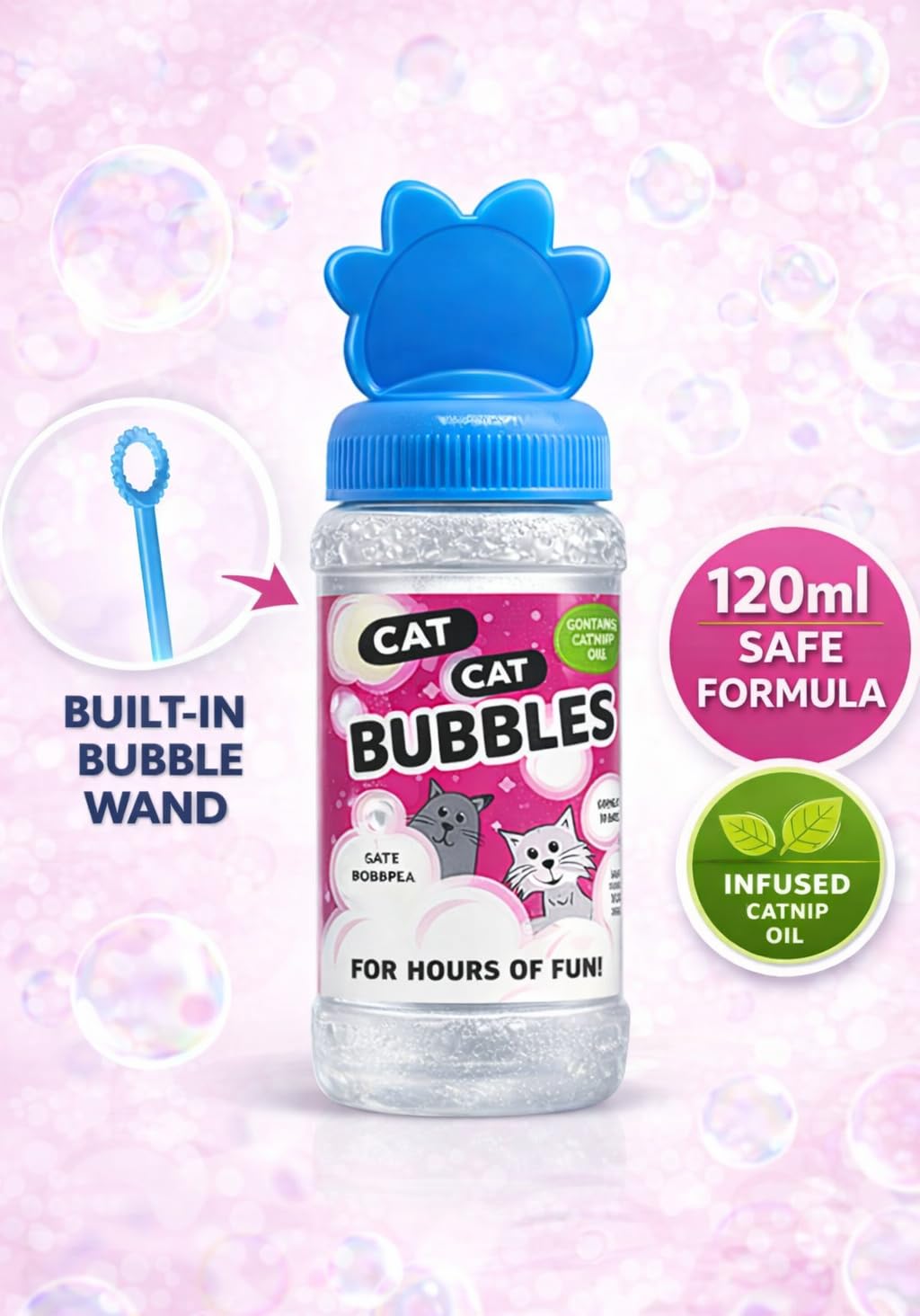 Pet Guru Bolle per gatti con olio di erba gatta, giocattolo sicuro e atossico per gatti, 120 ml, con bacchetta per bolle inclusa, tappo a forma di zampa (2)