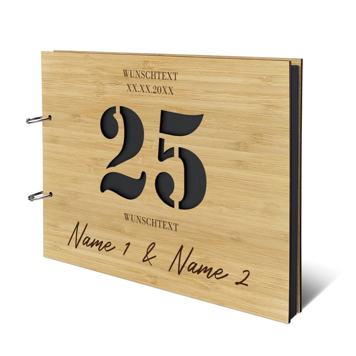 Personalisiertes Silberhochzeit Fotoalbum aus echtem Holz selbst gestalten - 25 Jahre Stanze - mit 25 Blatt / 50 Seiten Fotokarton Schwarz
