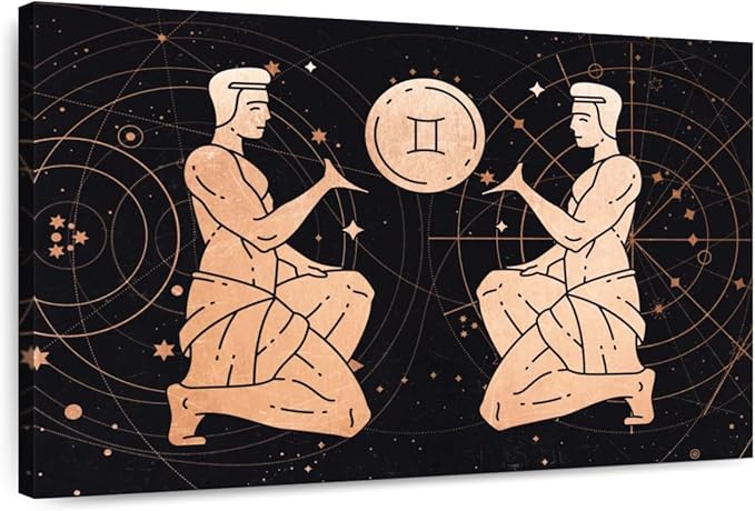ElephantStock - Gemini Zodiac Sign Wall Art - Horizontal Canvas Wall Art - Living Room Wall Decor - Digital Art Religion And Spirituality Canvas Art - Black And Orange Decor - 39