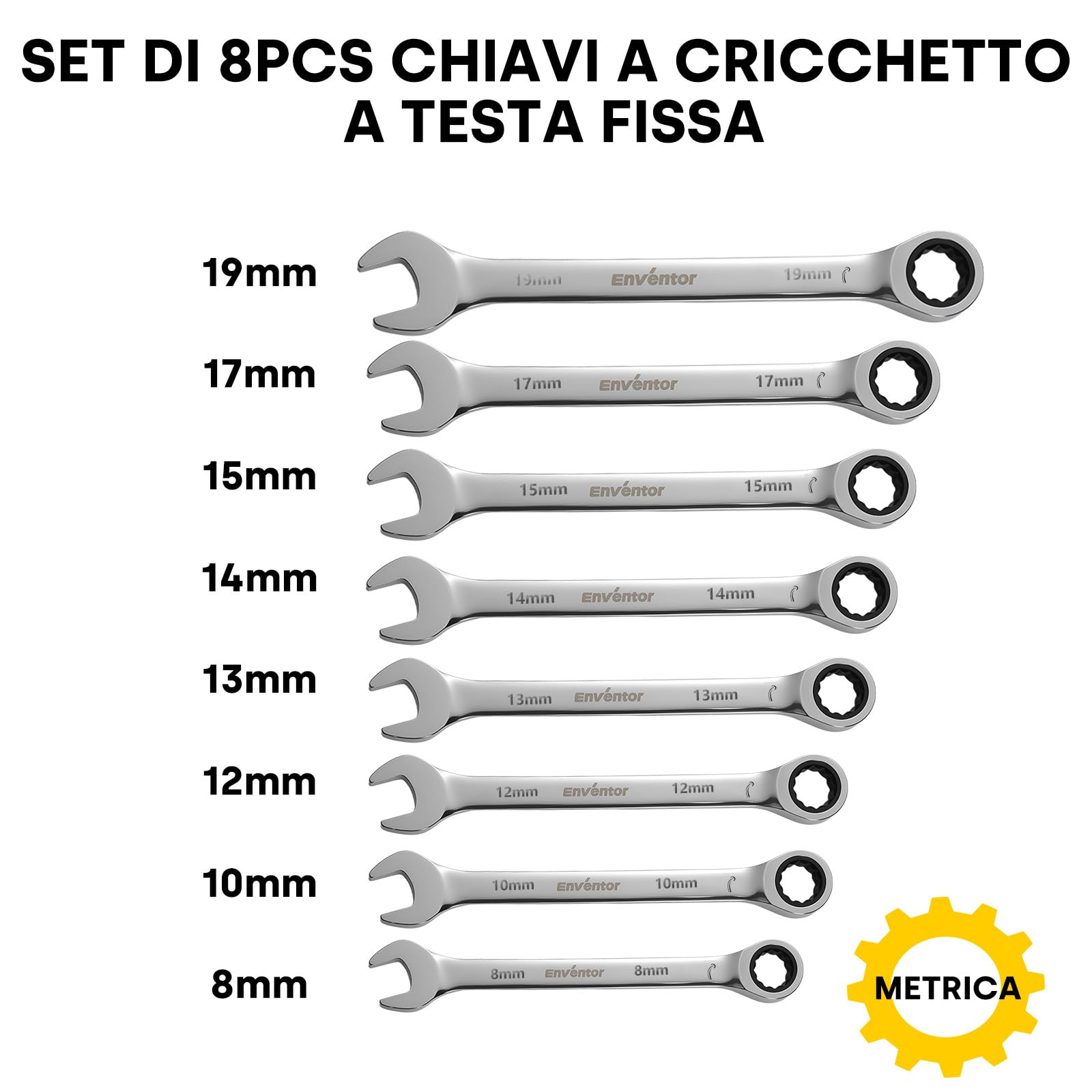 Enventor Set Chiavi a Cricchetto 8 Pezzi, Chiave a Cricchetto da Metrico 8mm a 19mm, Acciaio al Cromo Vanadio, 72 Denti, Testa Fissa, Arco di Rotazione a 5°, Set Chiavi Inglesi con Borsa