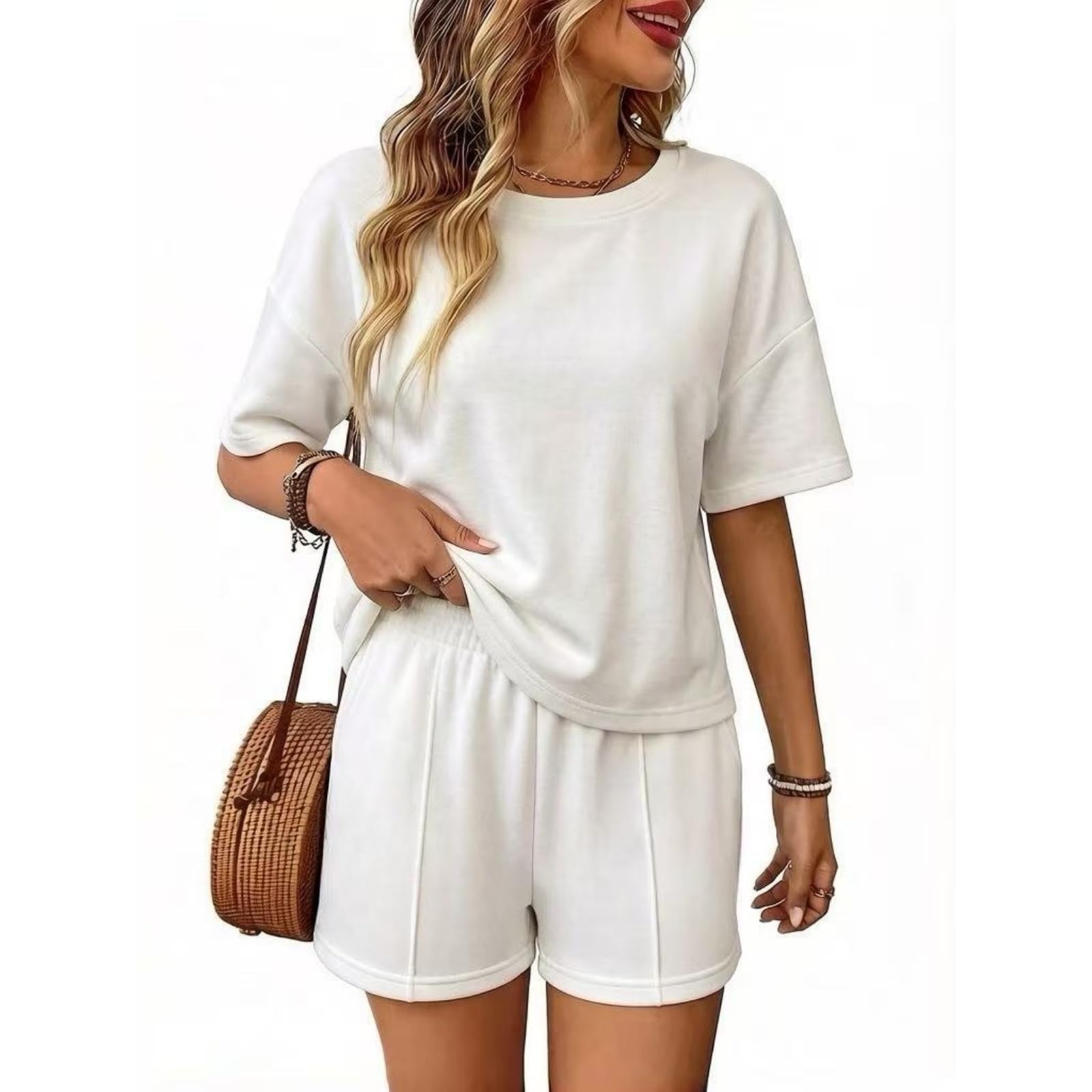 Tuta da casa da donna in 2 pezzi: pantaloni corti estivi da donna + top, bianco, M