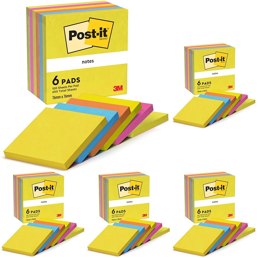 Post-it Notes Energetic Collection, Packung mit 6 Blöcken, 100 Blatt pro Block,76 mm x 76 mm, Farben: Gelb, Blau, Orange, Pink, Grün - Selbstklebende Notizzettel für Notizen und Erinnerungen