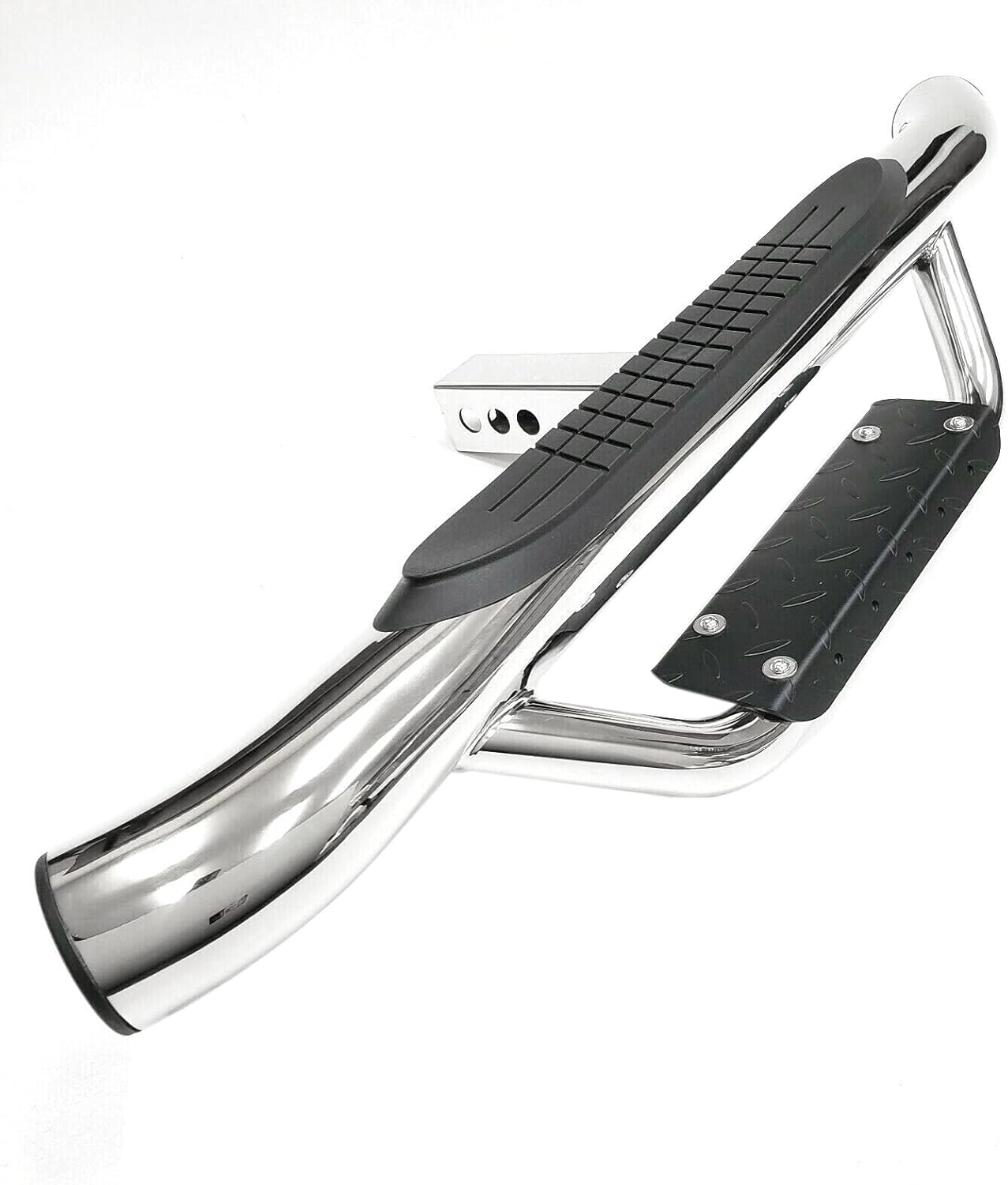 Stainless Steel 36" Curved End Round Tube w/Plastic Step Pad w/Dropped Metal Plate Tow Hitch Step w/Hitch Pin & Anti-Rattle Plate fits 2" Receiver SUV Truck Trailer / 350lb Weight Capacity