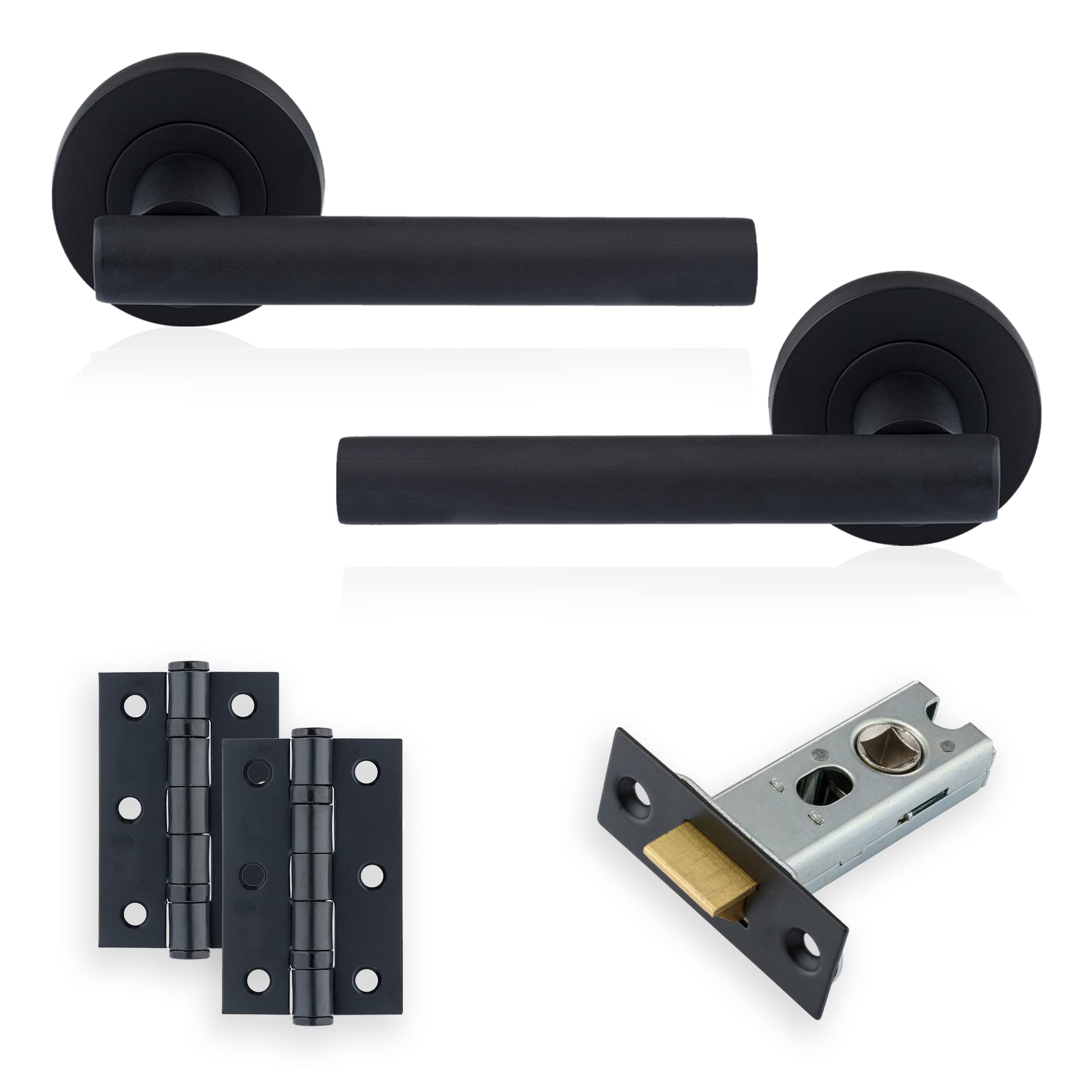 Set Maniglie Porta XFort Nero Opaco Con Cerniere E Serratura – Completo Per Porte Interne In Legno