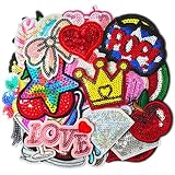30pcs/1 Box Cuncuny Assorted Colorful Flower Word Sequin Kids Girls Patch Cuncuny Sewing on/Iron on Patch Applique DIY Craft Embroidered Applique Patches (Assorted Sequin)