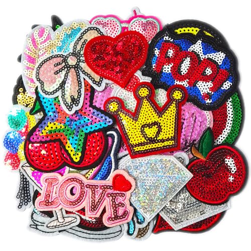 30pcs/1 Box Cuncuny Assorted Colorful Flower Word Sequin Kids Girls Patch Cuncuny Sewing on/Iron on Patch Applique DIY Craft Embroidered Applique Patches (Assorted Sequin)