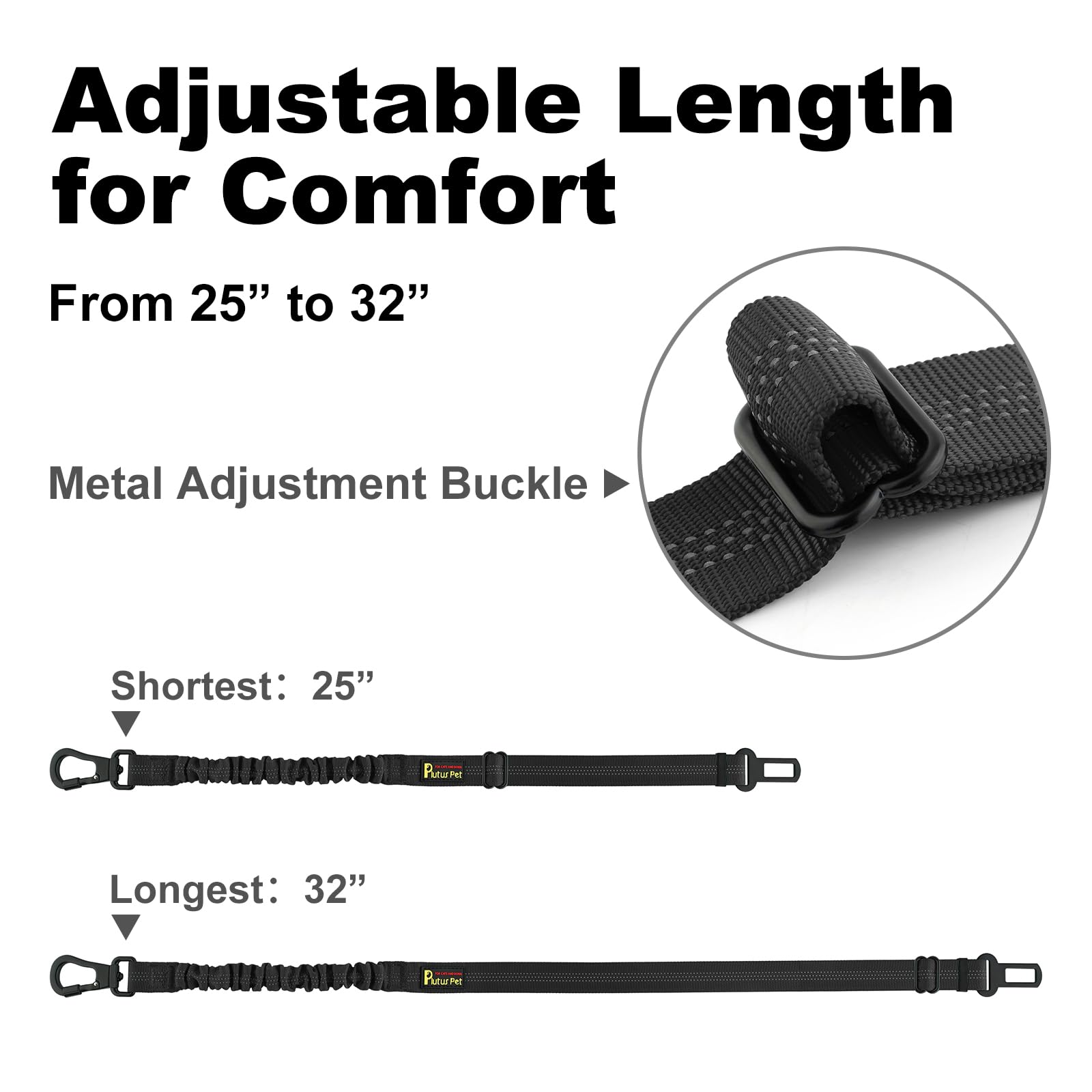 Plutus Pet Dog Seat Belt for Car, Adjustable Dog Car Harness with Carabiner Clip, Reflective Safety Dog Seatbelt Leash with Elastic Bungee, Black - image 6