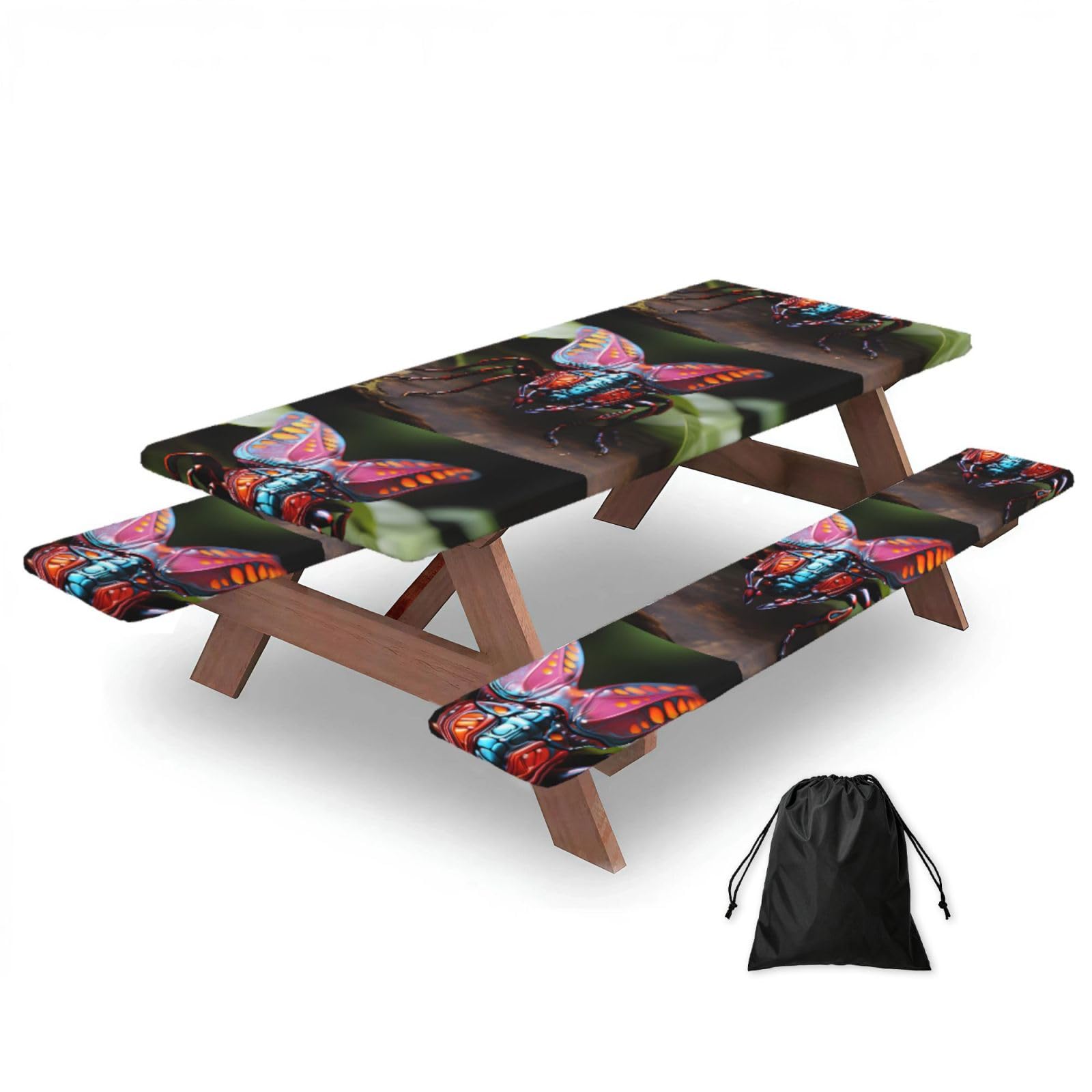Hhbiuuo Black 72In Camping Table Cover & Bench Covers 3-Pack Set, Strange Insects Print Tablecloths, For Rectangle Tables Picnic
