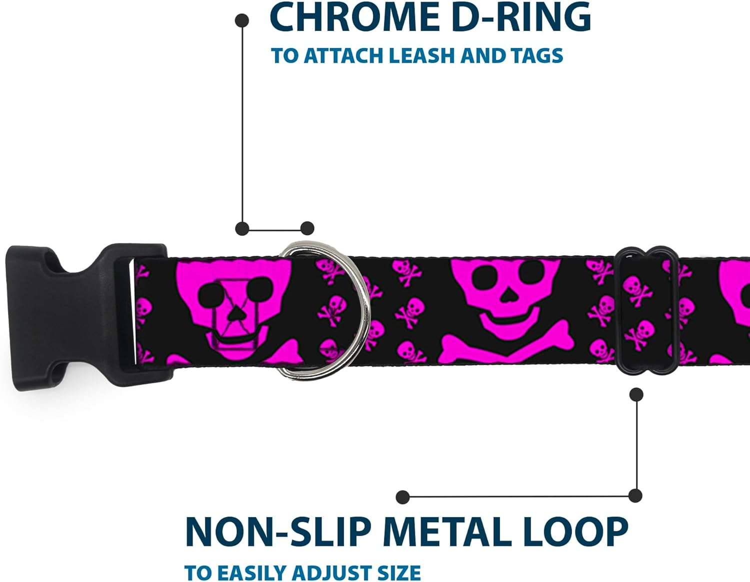 Buckle-Down 18-32" Skull with Babies Black/Fuchsia Plastic Clip Collar, Wide Large