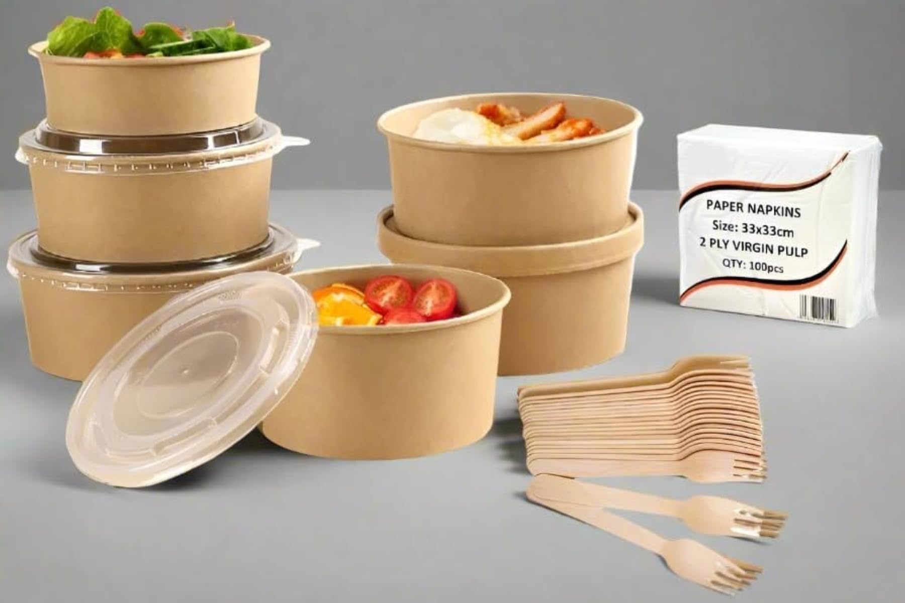Hot Bargains Brown 38Oz Kraft Paper Salad Bowls With Wooden Cutlery Set, 100 Sets
