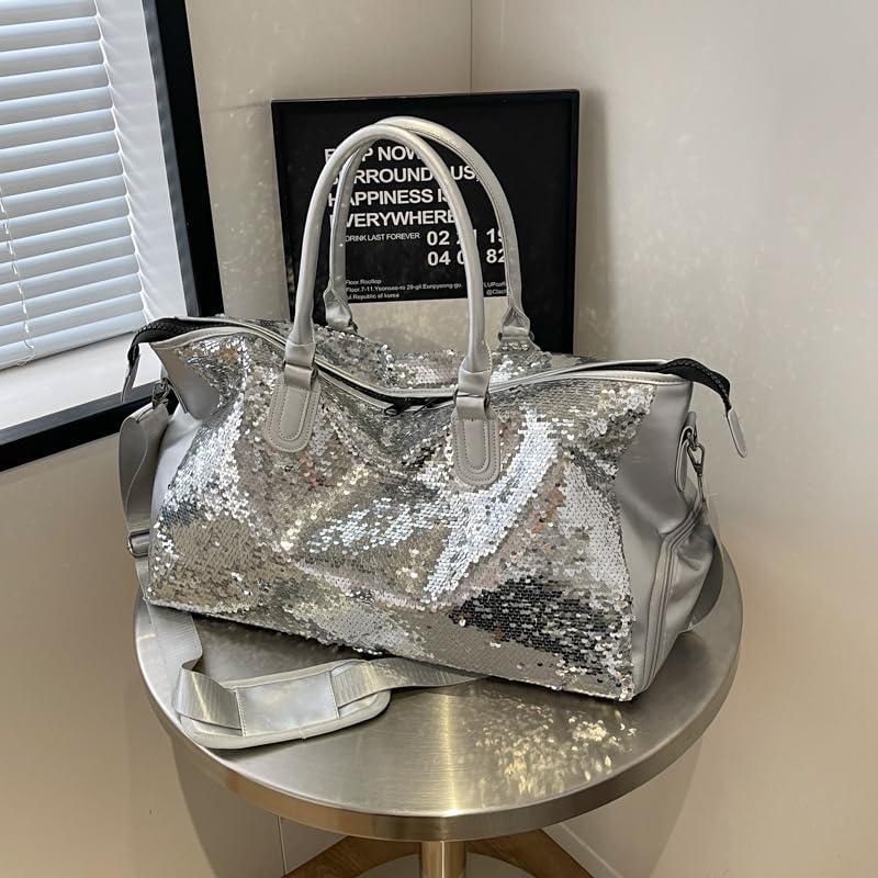 Sequin Duffel Bag with Shoe Compartment, Travel Gym Bag with Shoulder Strap,Reversible Sequin Girl Dance Duffle Bag, Weekend and Travel Bag with Adjustable Carry On and Handy Pouch (Silver)3
