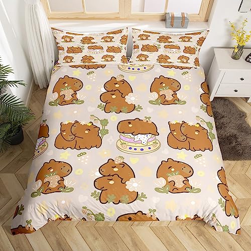 Homewish Cute Capybara Duvet Cover Single, Strawberries Bedding Set, Kawaii Animal Cartoon Cake Comforter Cover - Image 3