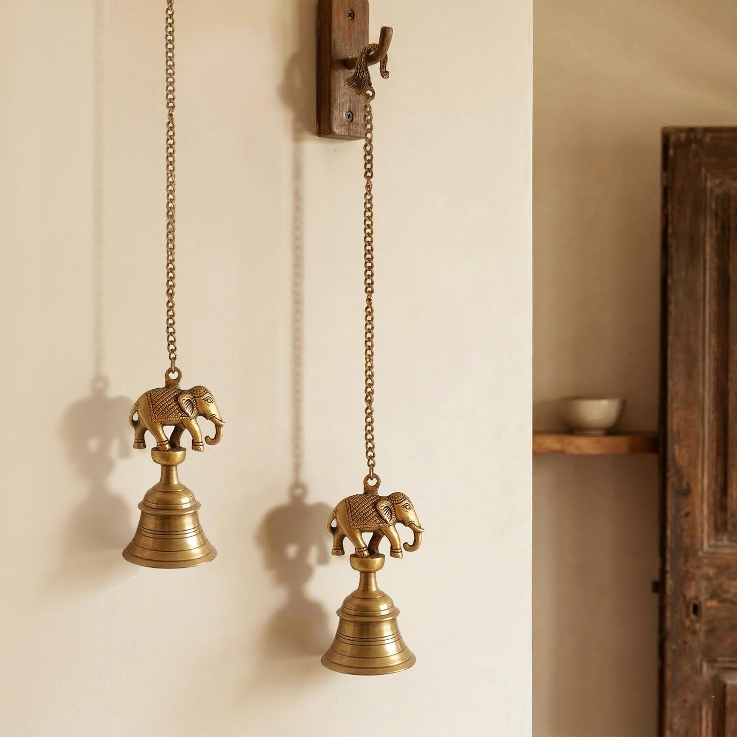 ExclusiveLane 'Sacred Elephant' Brass Decorative Hanging Bell (100% Pure Brass, Set of 2, 63.6 Cm, 1.1 Kg, Hand-Etched) | Brass Bells for Mandir Hanging Bells for Pooja Room Temple Bells for Mandir 2