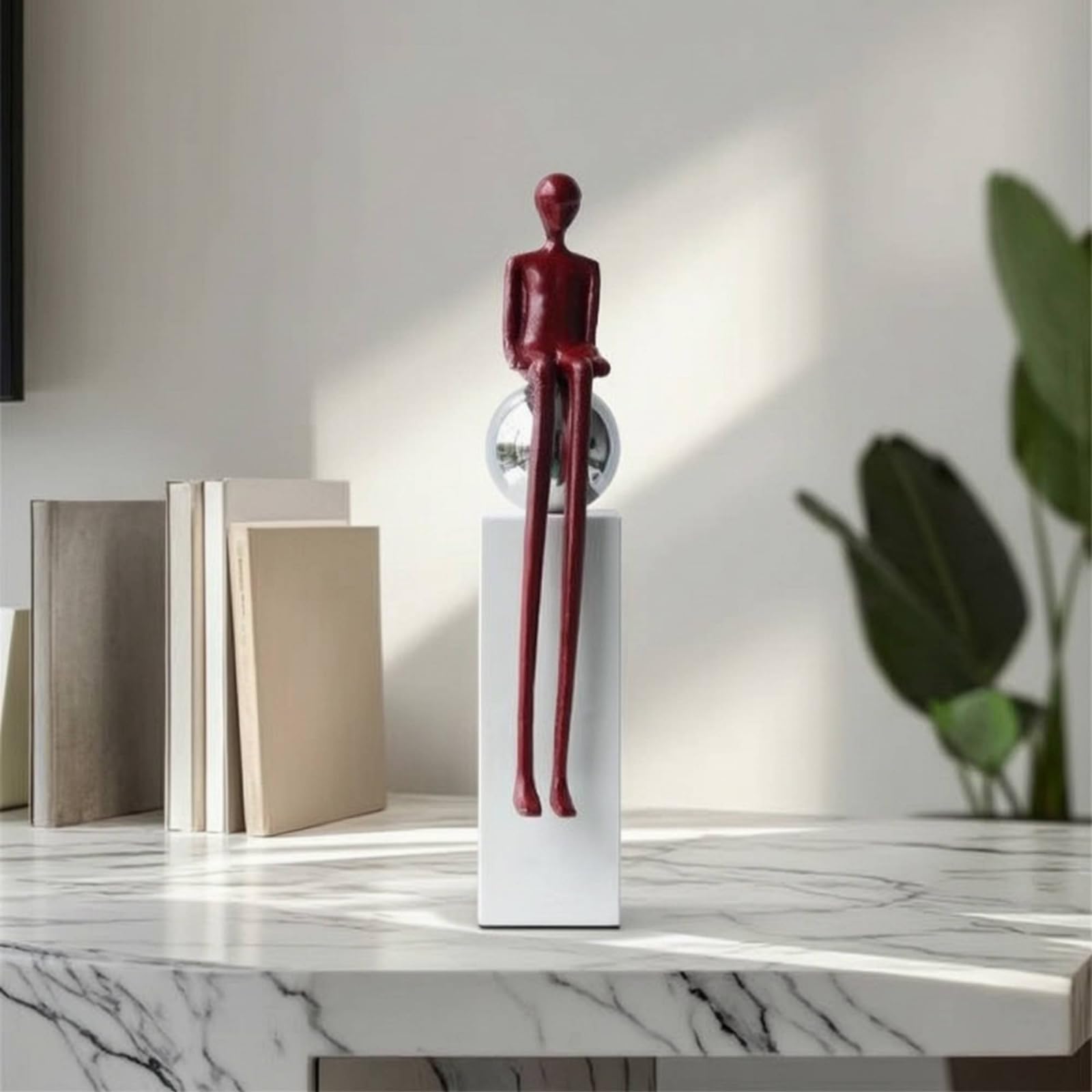 Gralara Escultura Conceptual Abstracto Figura con Mármol Metálica Estatua para Salón, Oficina, Rojo, Sentado