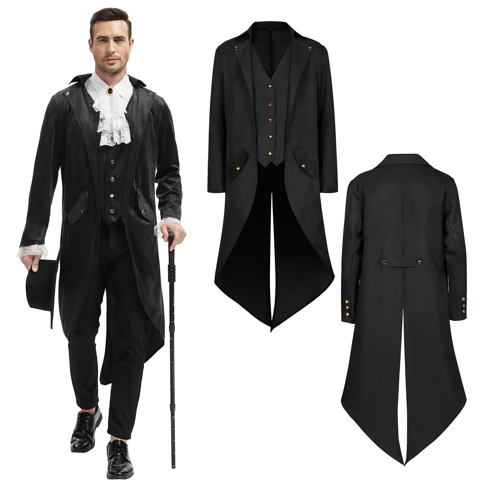 QEKFDOV Men's Steampunk Tailcoat,Medieval Gothic Victorian Frock Coat,Vintage Tailcoat Jacket Halloween Cosplay Costume (black, 3XL)