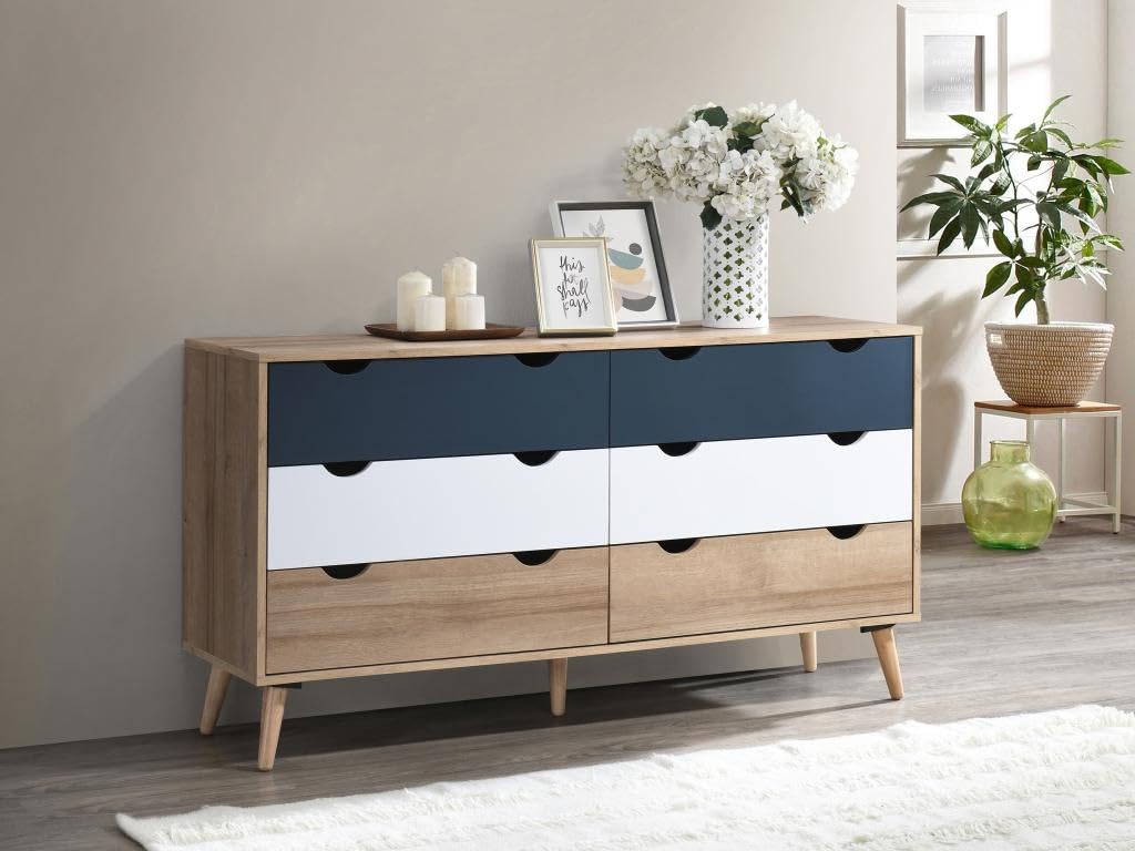 Vente-unique - Comò 6 cassetti le, Bianco e Blu marine - LURVIA