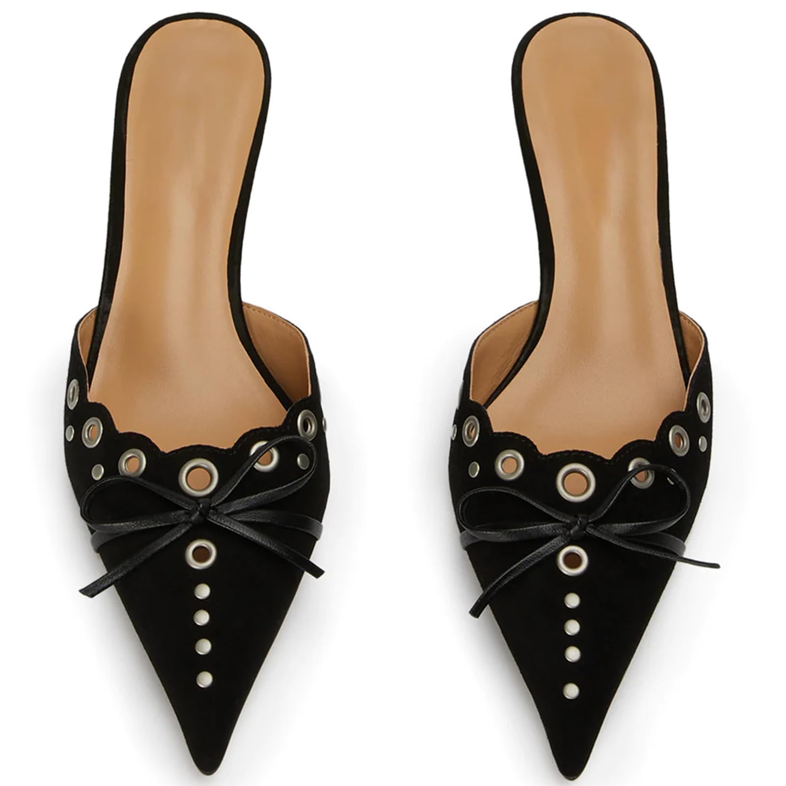 olomisa Womens Kitten Heels Bow Studded Pointed Toe Low Heeled Mules: 9.5 Black