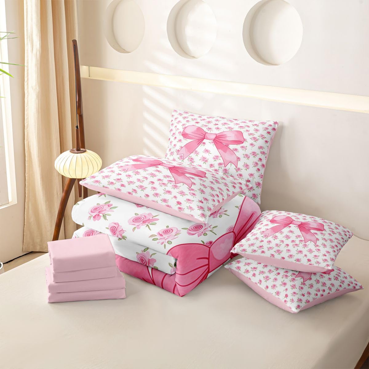 Loussiesd Sweet Bows - Funda de edredón individual de 7 piezas