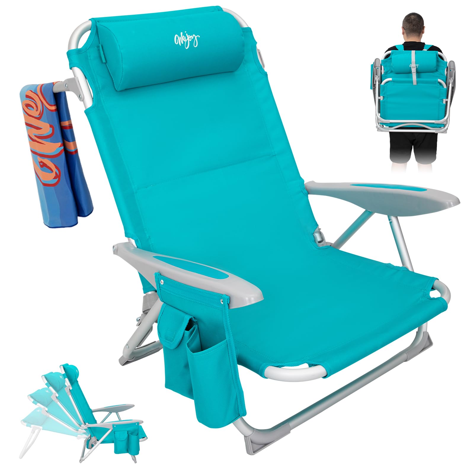 #WEJOY Folding Beach Chair for Adults, 4-Position Aluminum Lightweight Beach Chair, Low Sands Chairs with Backpack Straps, Cup Holder and Padded Headrest, Supports 265lbs for Lawn