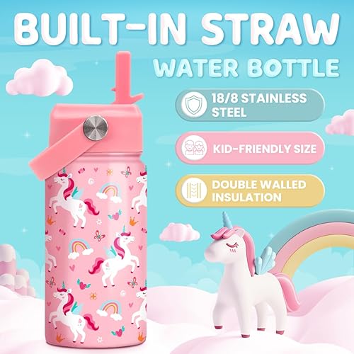 Miniatura 20 de SANDJEST Botella de agua para niños con tapa con pajilla, paquete de 2 botellas de agua aisladas de acero inoxidable de 12 onzas para niñas, taza de