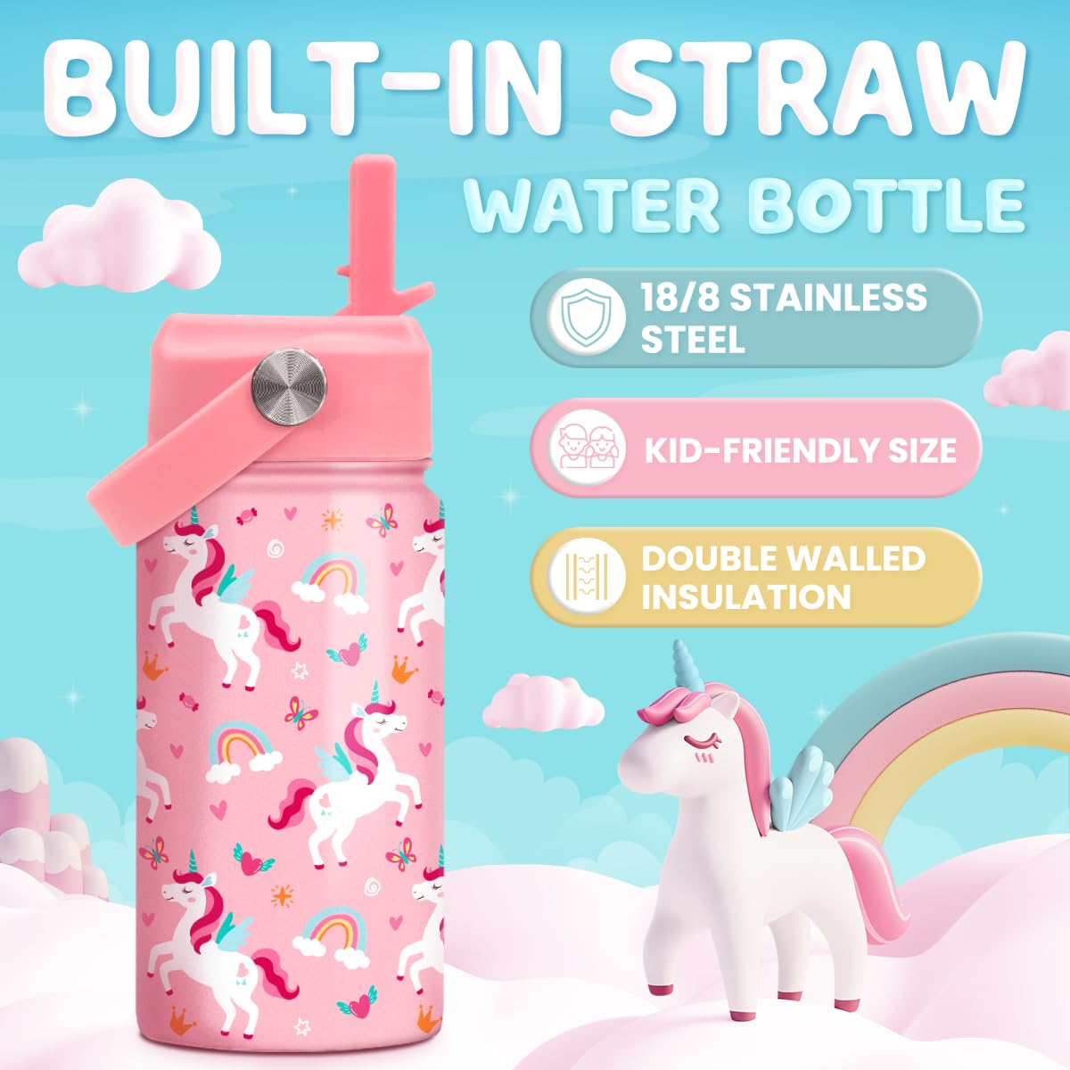 SANDJEST Einhorn-Wasserflasche Für Kinder – Isolierte Edelstahlflasche Mit Strohhalm