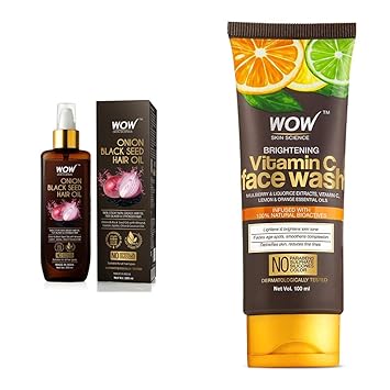 WOW Skin Science Onion Black Seed Hair Oil - Controls Hair Fall - No Mineral Oil Silicones & Synthe & WOW Skin Science Brightening Vitamin C Face Wash - No Parabens Sulphate Silicones & Color (100mL)