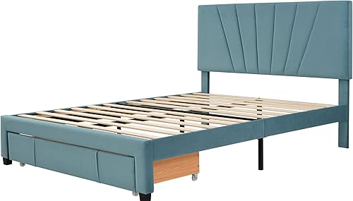 Miniatura 5 de PHOYAL Cama de almacenamiento, marco de cama tamaño Queen, plataforma tapizada de terciopelo con un cajón grande, cómodo para dormir, 62.99, 24.80 y