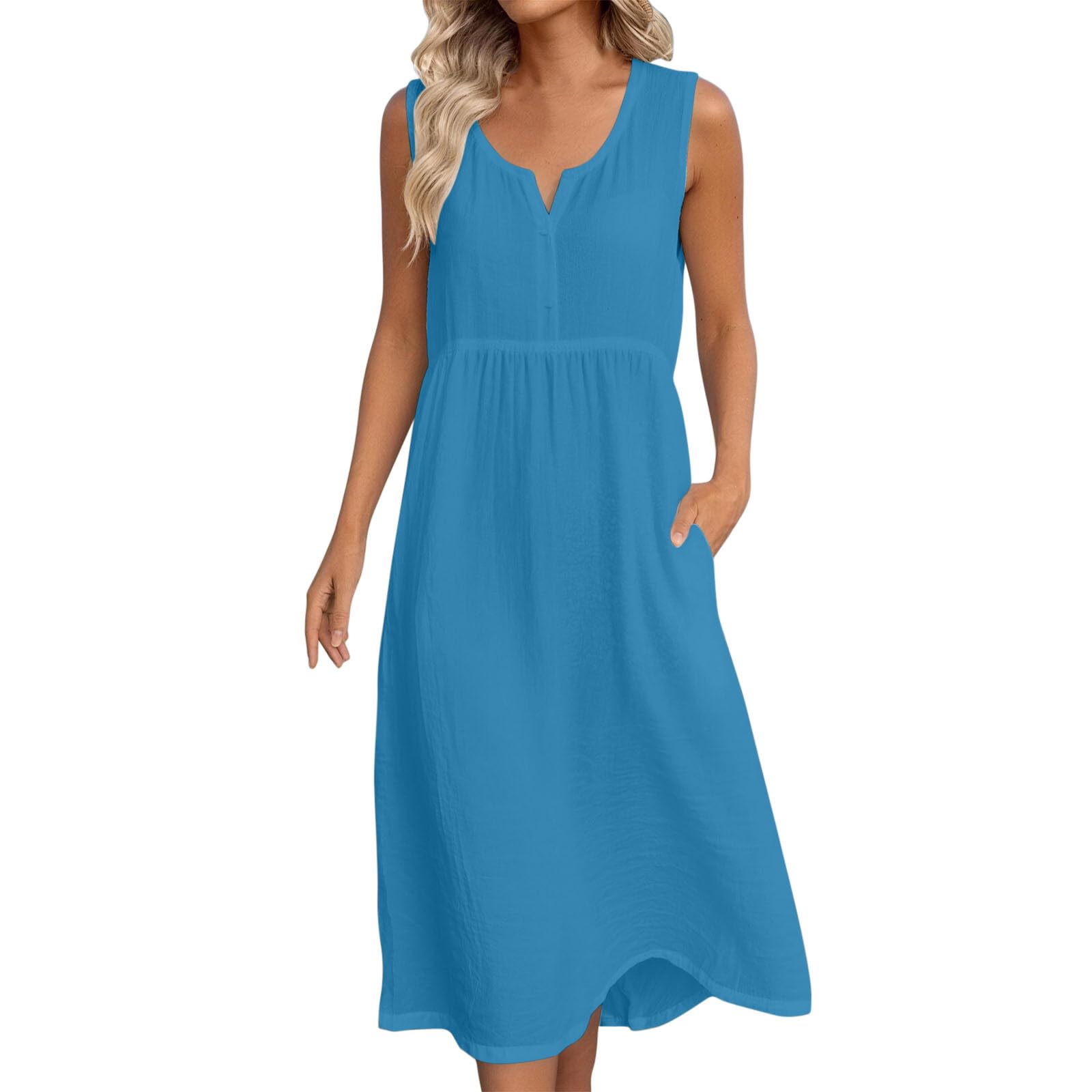 Frostluinai Womens Cotton Linen Midi Dresses Sleeveless Crewneck Empire Waist Loose Comfy Beach Casual Sundress — view 10