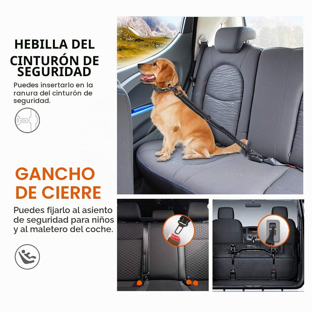 Cinturón de Seguridad para Perro, 3 En 1 Correa de Coche Ajustable de Nylon, Mosquetón Resistente Con Cierre de Seguridad para Mascotas