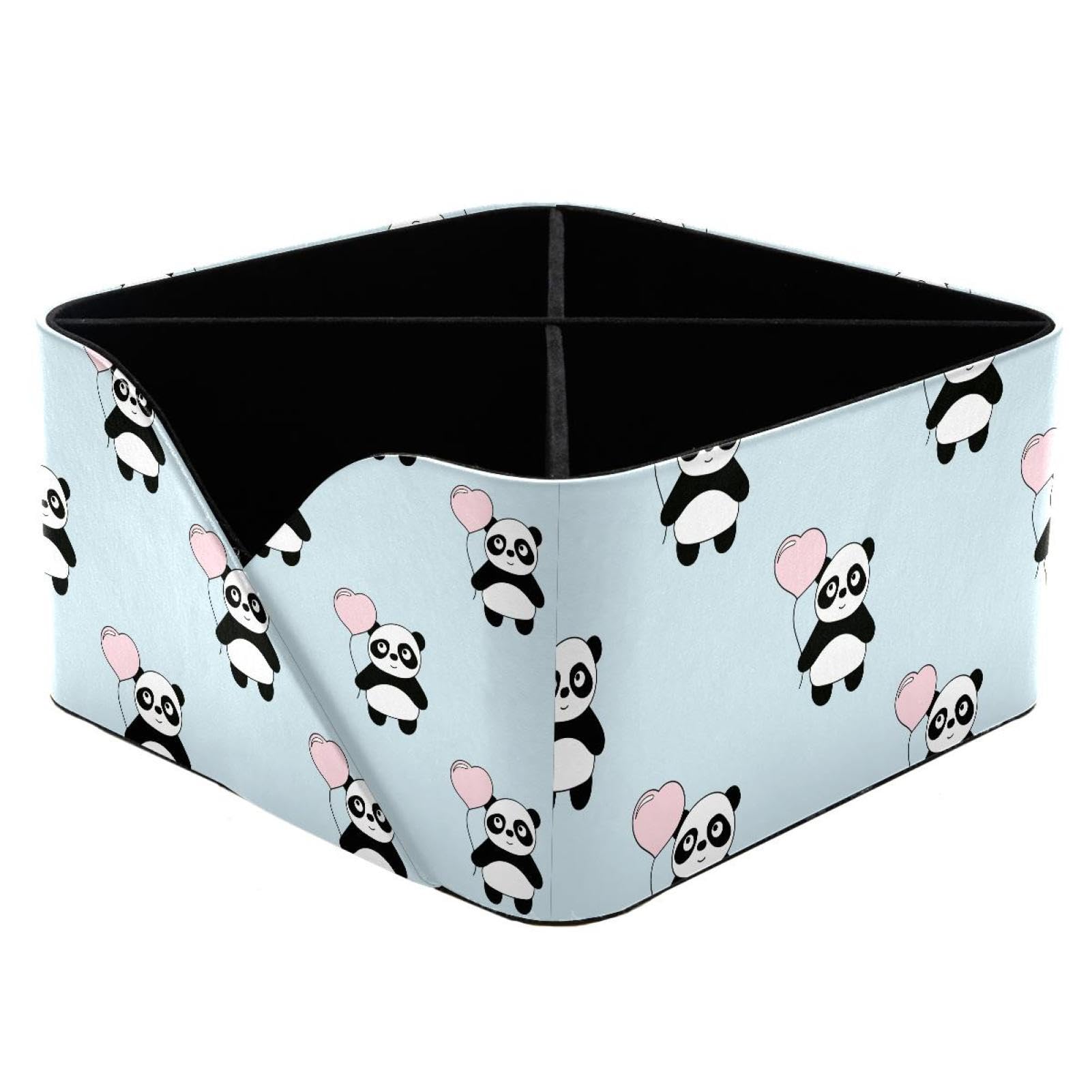 KengjuTesu Cute Pandas and Heart Balloons Pattern Desktop Organizer Pen Holder, Rectangular Pencil Cup for Office, Study and Makeup Stations