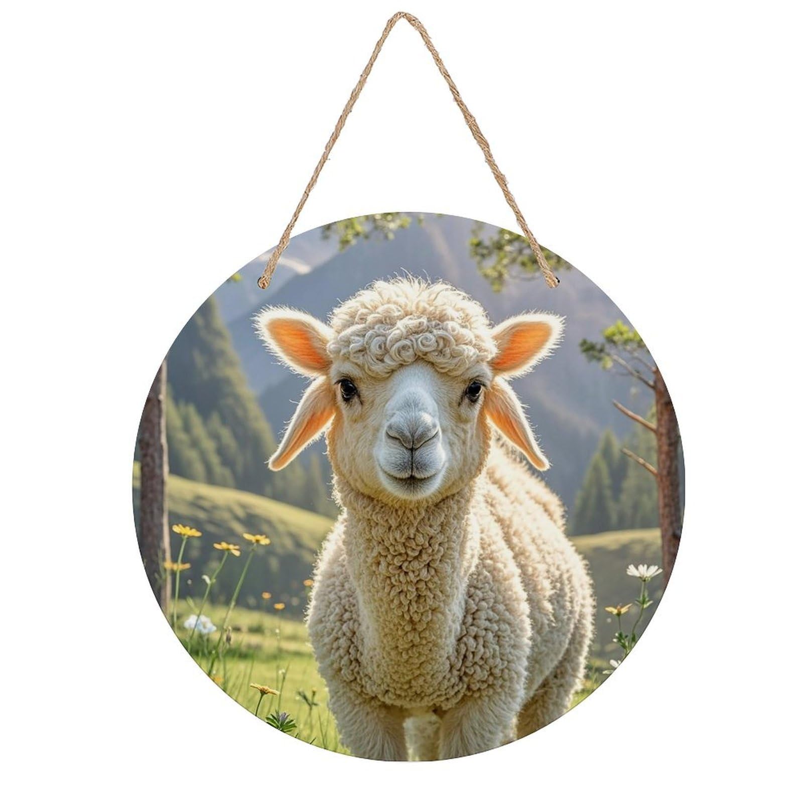 FekiLoot Lamb Wall Art Decor Rustic Welcome Sign Round Wood Hanging Sign Decoration Wood Plaque Door Hanger Wooden Signs Wall Hanging Decor Housewarming Gift for Home Outdoor Indoor