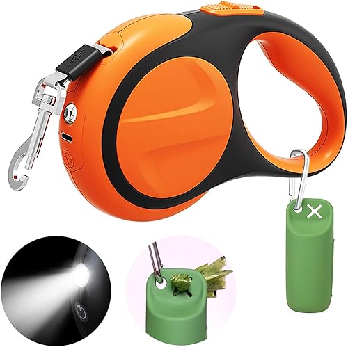 Correa retráctil para perros pequeños y medianos, correa retráctil para perros de 16 pies con linterna LED y soporte para bolsa de excrementos para